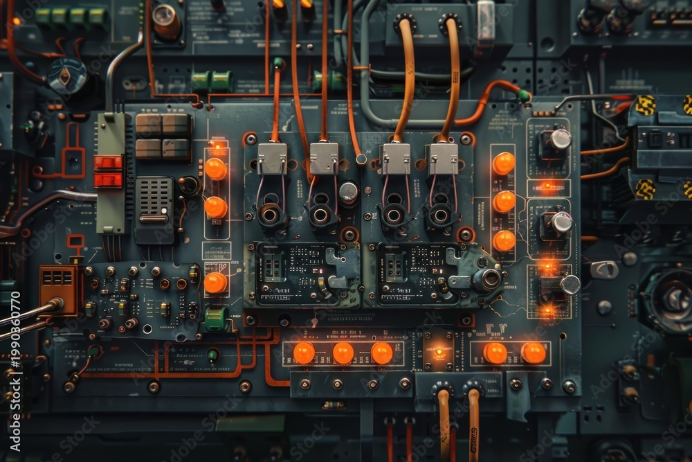 Fototapeta premium Close up of a circuit board featuring intricate wiring, glowing orange lights, and various electronic components, suggesting advanced technology and complexity
