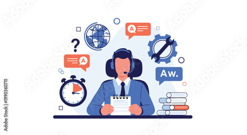 Customer service operator wearing a headset sitting at a desk with globe, stopwatch, and technical support gear icons.