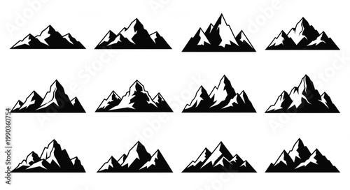 Collection of Stylized Mountain Silhouettes in Black and White.
