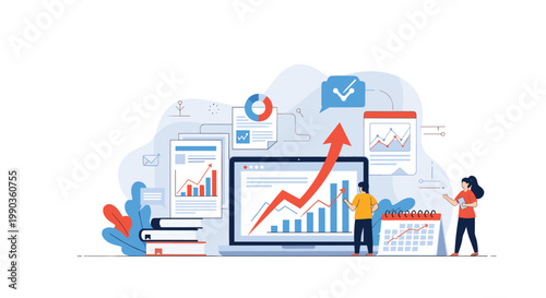Professional analysts monitoring financial growth charts on a large computer screen with a calendar and business documents.