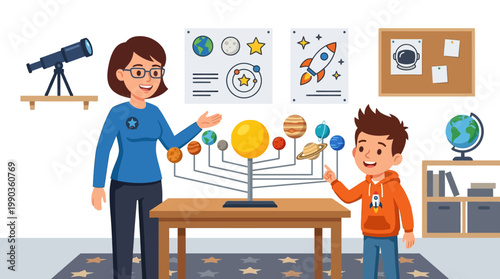 A dedicated teacher illuminates the wonders of the solar system with a vibrant planetary model, inspiring a young student's curiosity and promoting science education and astronomy