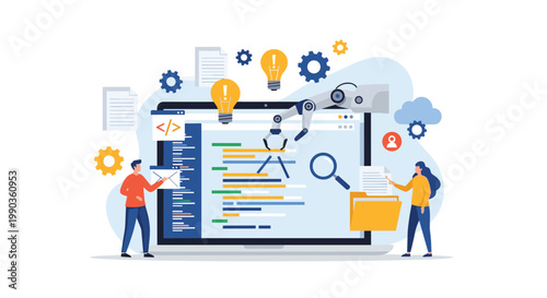 Robotic arm assisting developers with coding and file management tasks on a large computer screen in a tech environment.