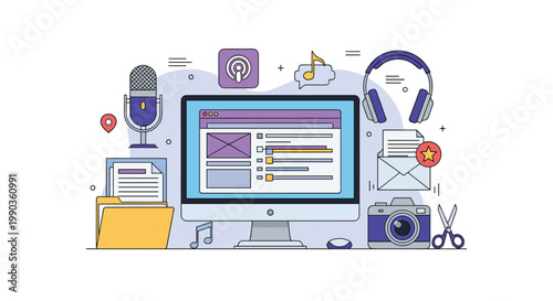 Modern desktop setup for digital content creation with computer, microphone, headphones, camera, and multimedia files.
