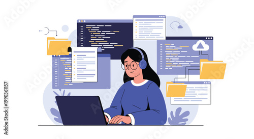Female software engineer works on complex computer coding projects with multiple windows and cloud storage folders.