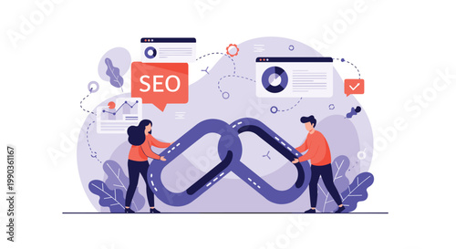 Professional team performs link building strategy for search engine optimization using massive blue chain symbols.
