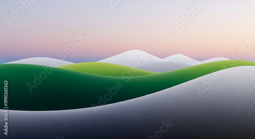 Abstract undulating landscape of green and white hills under pastel sky, creating peaceful and serene vista, suggesting nature, calm, dreaminess