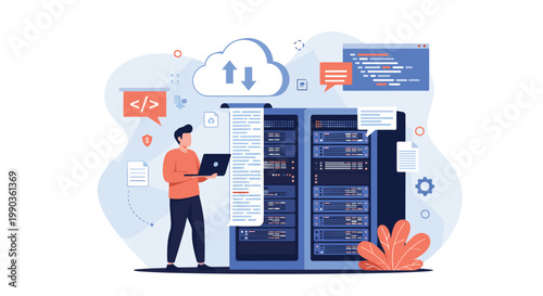 Web developer manages database server rack and cloud synchronization using laptop in modern data center office.