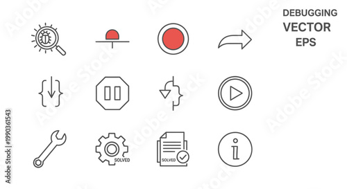 Software development and debugging icons set for programming and IT tasks