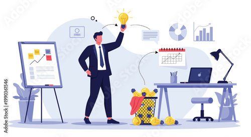 Businessman holds glowing light bulb representing creative idea during project planning with task whiteboard.