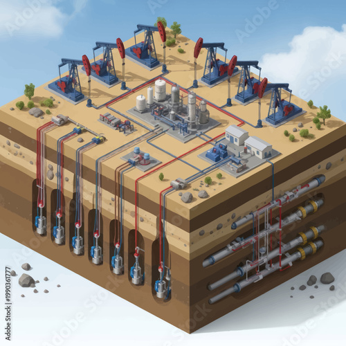 Oil Extraction and Processing Facility with Multiple Pumpjacks and Underground Wells.