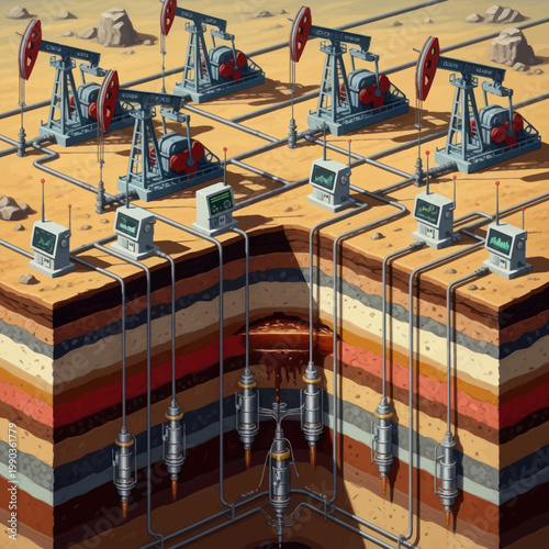 Oil pumps and underground drilling operations in a cross-section view.