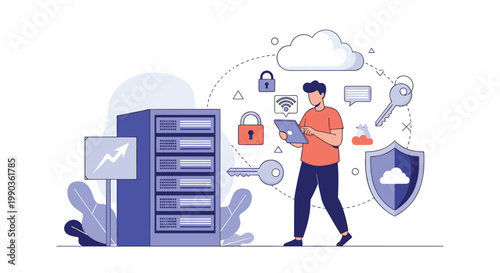 Man uses tablet to manage cloud server security and network database with digital keys and protective shield.