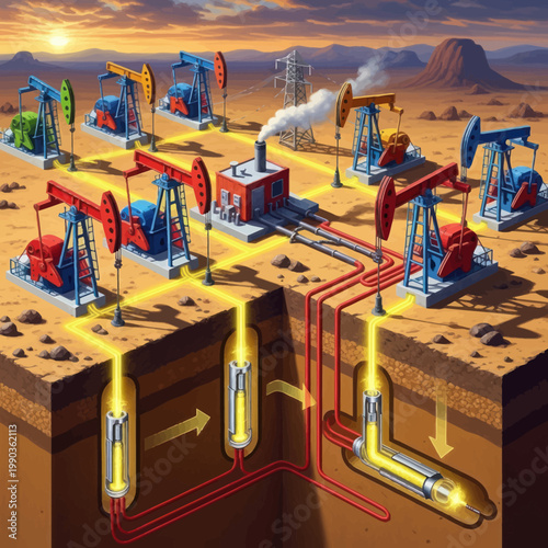 Oil extraction site with multiple pumpjacks and underground drilling operations.