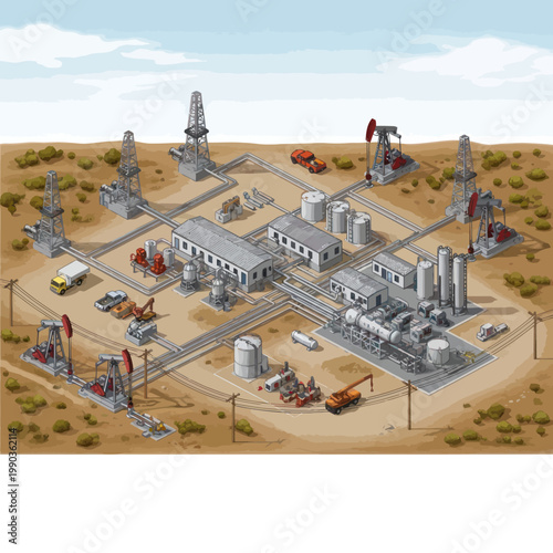 Oil and Gas Extraction Facility with Pumpjacks and Processing Equipment.