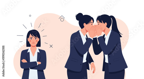 Two businesswomen whispering and gossiping about a sad-looking colleague in a professional corporate office environment.