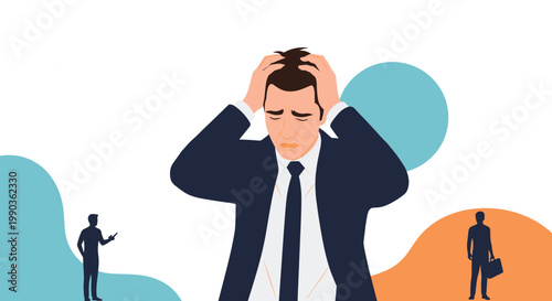 Businessman in a suit feeling stressed and overwhelmed with his hands on his head while in a professional office setting.