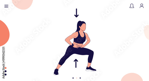Athletic woman performs side lunge exercise following a workout routine from a mobile fitness application in a modern studio.