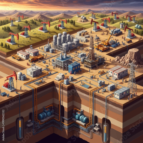 Oil extraction and processing facility with underground infrastructure.