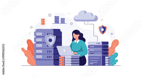 Skilled female administrator manages high security cloud computing servers and data storage infrastructure from her workstation.