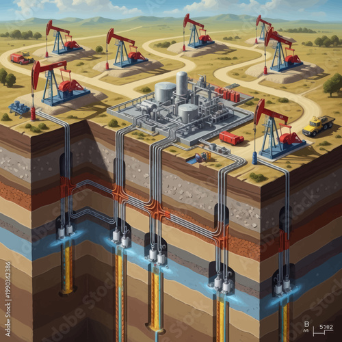 Oil extraction and processing facility with underground drilling operations.