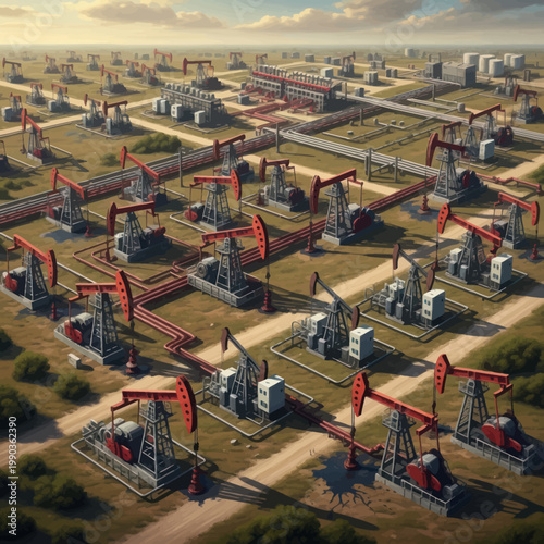 Oil Pumpjacks Working in an Industrial Oil Field.