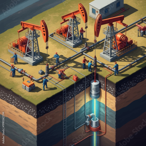 Oil Pump Jacks Extracting Crude Oil from Underground Reservoir.