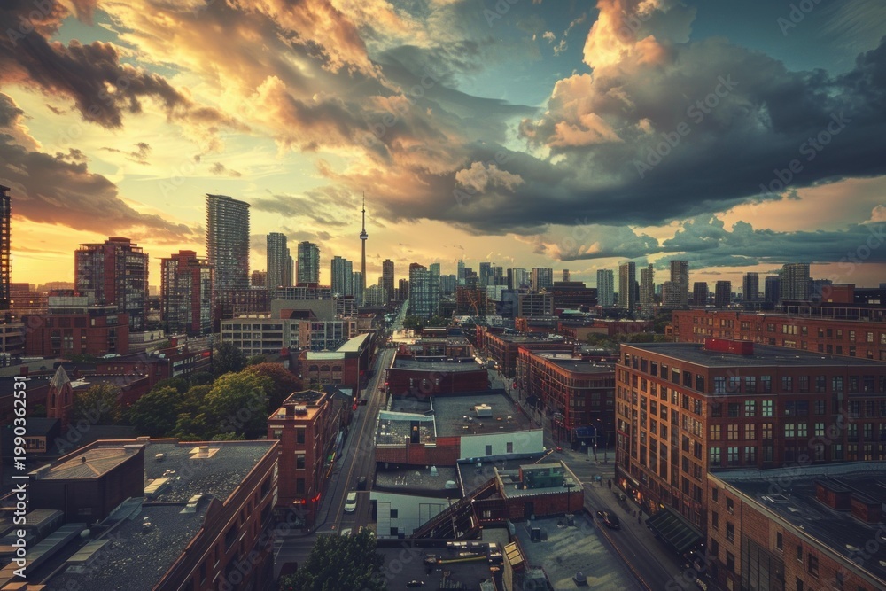 Fototapeta premium Aerial view of toronto skyline shining under a dramatic cloudy sky at sunset