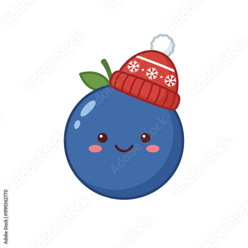 A cartoon blueberry wearing a red winter hat with a green leaf on its head smiles happily.