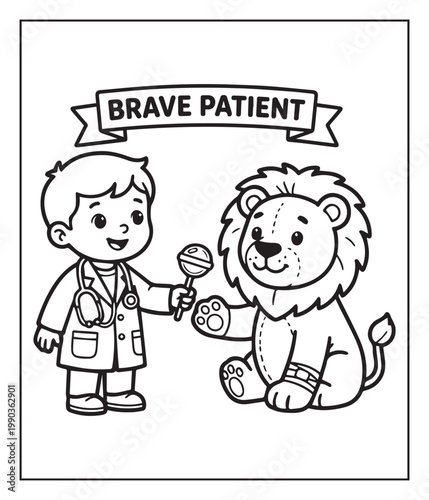 Medical student activity book of a cute doctor and patient lion in hospital black line art vector illustration coloring page for kids and adults