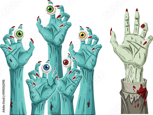Zombie Hand Illustration Set with Creepy Horror Elements Featuring Mutant Fingers and Eyeballs for Halloween Design, Spooky Graphics, Game Assets, and Creative Projects.