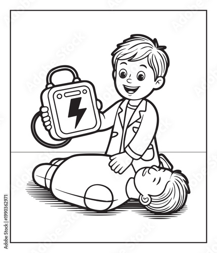 Medical student activity book of a cute doctor and patient in hospital black line art vector illustration coloring page for kids and adults