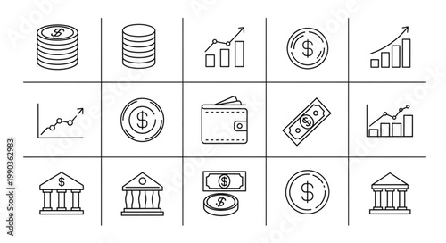 Financial Icons Collection Representing Money and Banking.