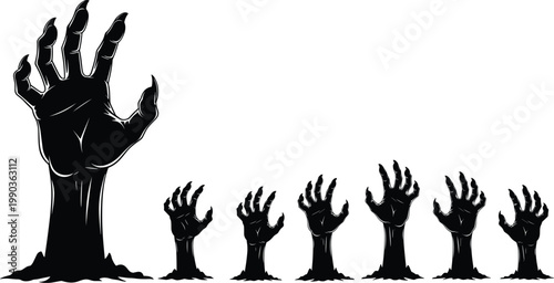Zombie Hand Silhouette Set with Creepy Rising Hands from Ground in Black Style for Halloween Design, Horror Graphics, Spooky Scenes, and Creative Projects.