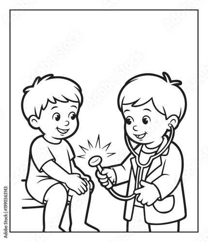 Medical student activity book of a cute doctor and patient in hospital black line art vector illustration coloring page for kids and adults