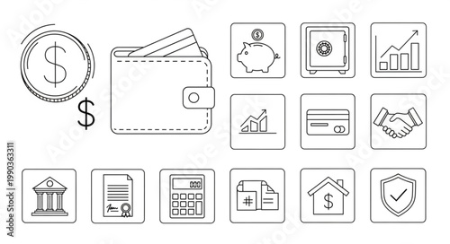 Financial Icons Representing Money and Business Transactions.