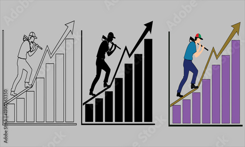 Climbing progress and achievement represented by bar graphs and characters