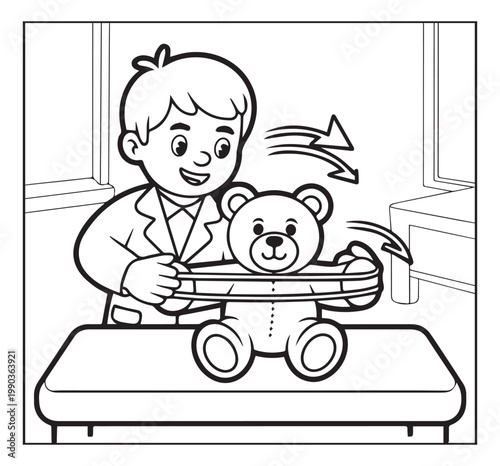 Medical student activity book of a cute doctor and patient in hospital black line art vector illustration coloring page for kids and adults