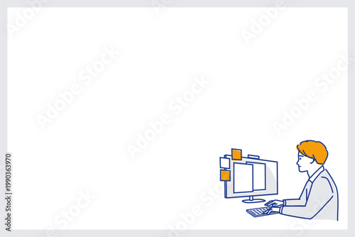 コピースペースのある会議前にパソコンで準備する男性（通常運転)（色違い）