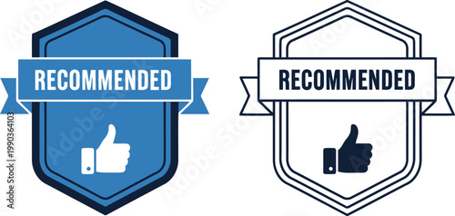 Blue Recommended Badge Icons with Thumbs Up Symbol for Approval and Endorsement Labels