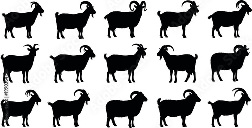 Silhouette collection of goats diverse poses and horn shapes