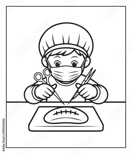 Medical student activity book of a cute doctor in hospital black line art vector illustration coloring page for kids and adults