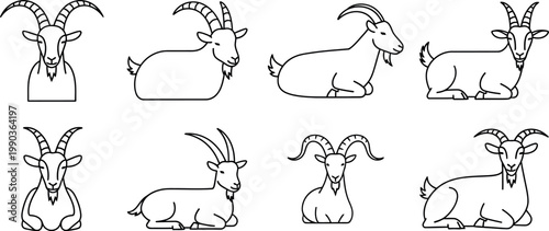 Line art illustrations of goats in various poses and perspectives