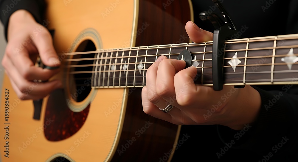 Fototapeta premium Close up of guitar and hands playing music with capo