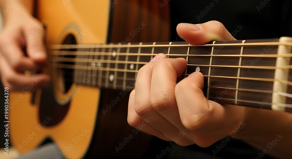 Fototapeta premium Close up of hand playing acoustic guitar creating music melodies