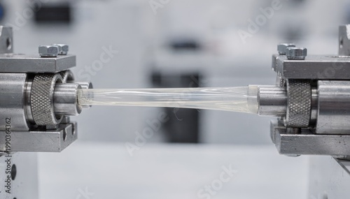 Horizontal rig setup capturing a tensile test on polymer film sample highlighting steady elongation and clamp grip dynamics in controlled environment.