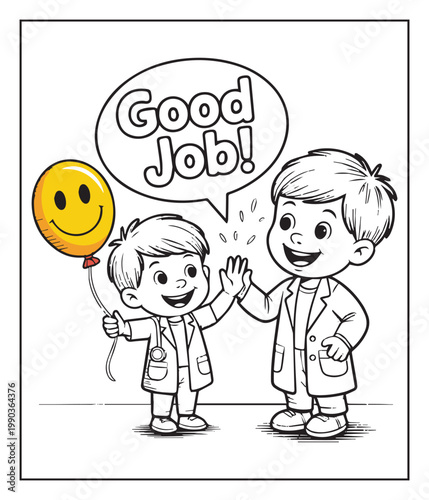 Medical student activity book of a cute doctor and patient in hospital black line art vector illustration coloring page for kids and adults