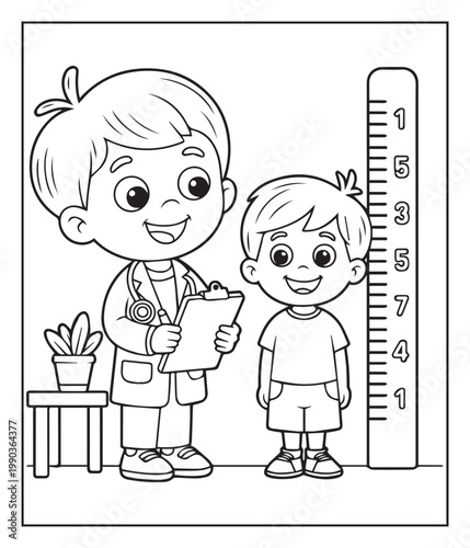 Medical student activity book of a cute doctor and patient in hospital black line art vector illustration coloring page for kids and adults