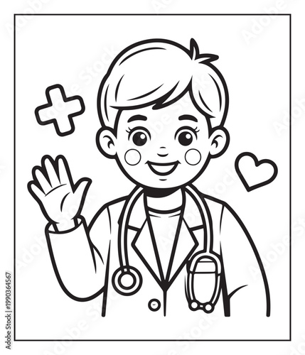 Medical student activity book of a cute doctor in hospital black line art vector illustration coloring page for kids and adults