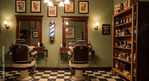 Stylish interior of a vintage barber shop with chairs and mirrors.