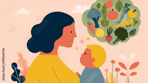 Baby cognitive growth concept with maternal nutrition connection clean layout soft light showcasing brain development influenced by healthy diet